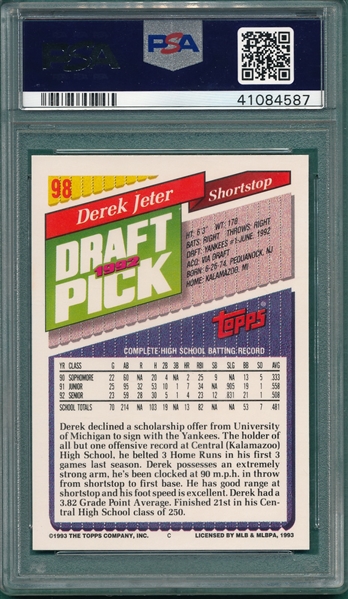 1993 Topps #98 Derek Jeter, Rookie, PSA 10 *Gem Mint*