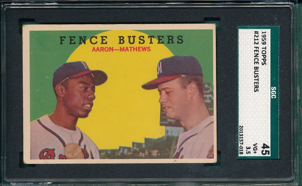 1959 Topps #212 Fence Busters W/ Mathews & Aaron, SGC 45