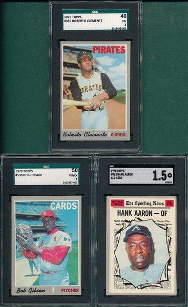 1970 Topps #350 Clemente, #462 Aaron, AS & #530 Gibson, Lot of (3) SGC