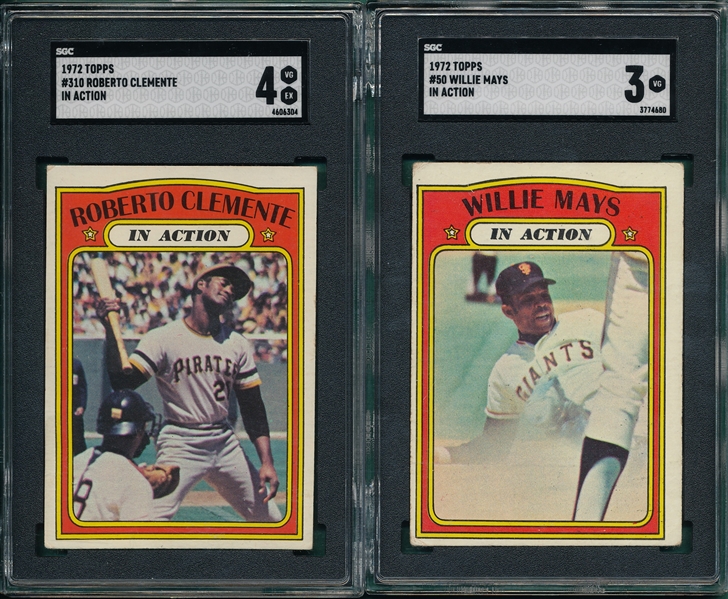 1972 Topps #50 Mays, IA & #310 Clemente, IA, Lot of (2) SGC
