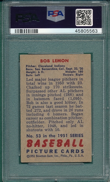 1951 Bowman #53 Bob Lemon PSA 6
