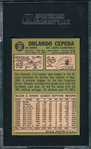 1967 Topps #20 Orlando Cepeda SGC 92