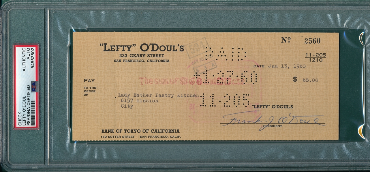 Lefty O'Doul Cancelled Check PSA Authentic