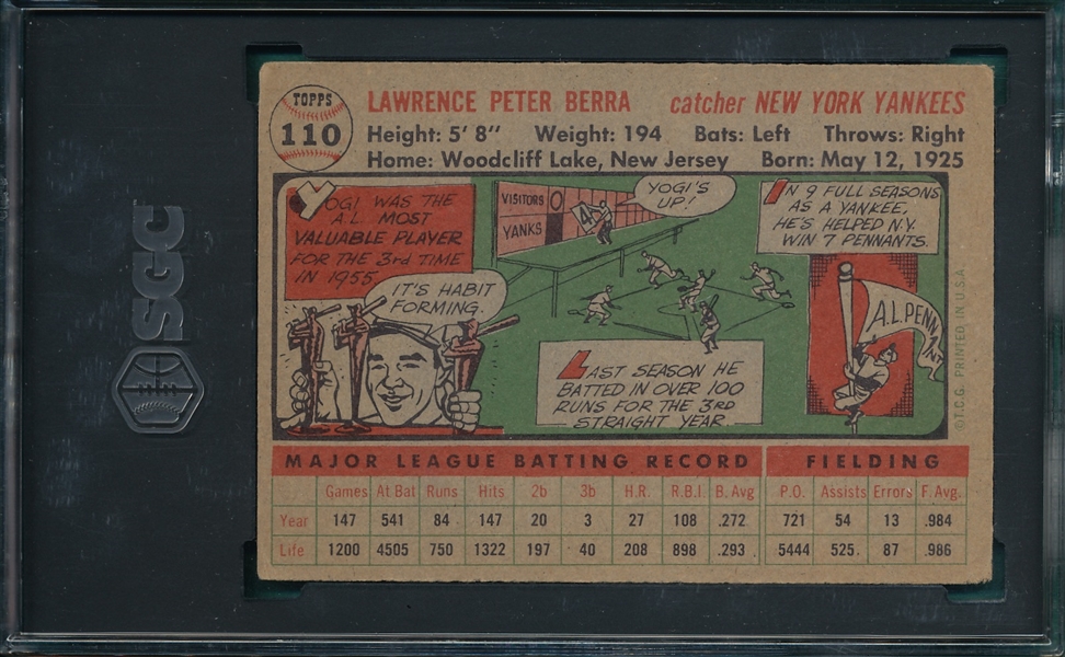 1956 Topps #110 Yogi Berra SGC 3 *Gray*