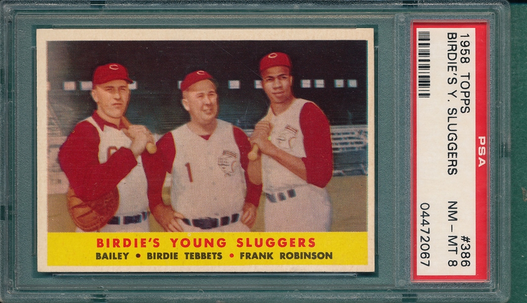 1958 Topps #386 Birdie's Young Sluggers W/ Frank Robinson, PSA 8
