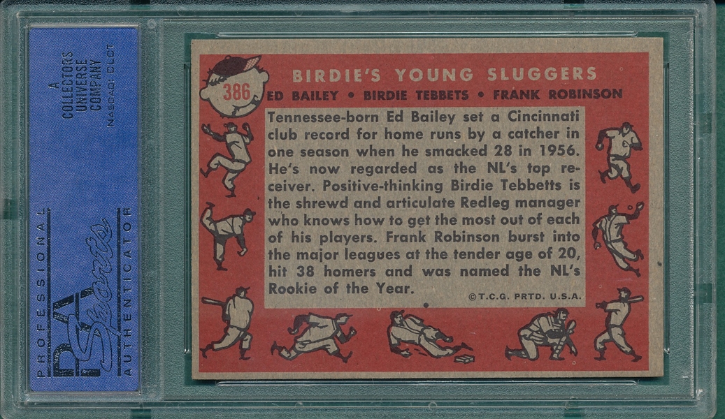 1958 Topps #386 Birdie's Young Sluggers W/ Frank Robinson, PSA 8