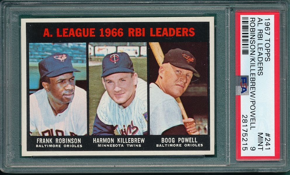 1967 Topps #241 AL RBI leaders W/ Killebrew & Frank Robinson, PSA 9