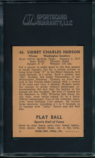 1941 Play Ball #46 Sid Hudson SGC 84