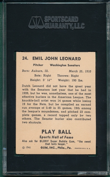 1941 Play Ball #24 Dutch Leonard SGC 50 *Paper*