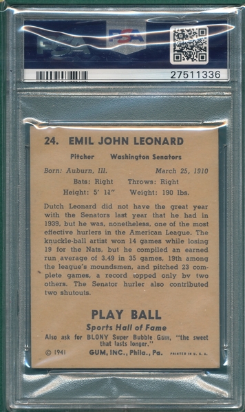 1941 Play Ball #24 Dutch Leonard PSA 7