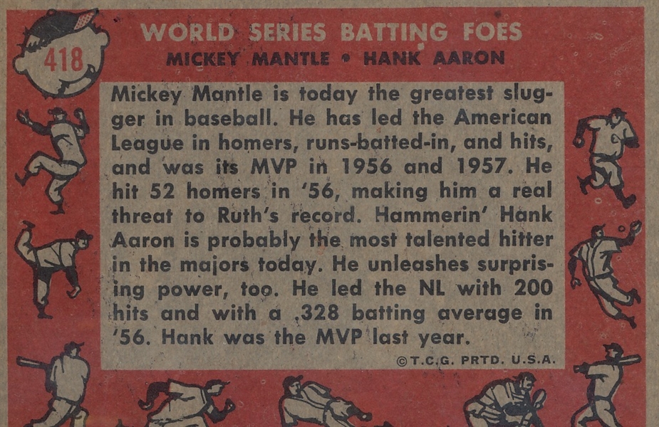1958 Topps #418 World Series Batting Foes W/ Aaron & Mantle SGC 5