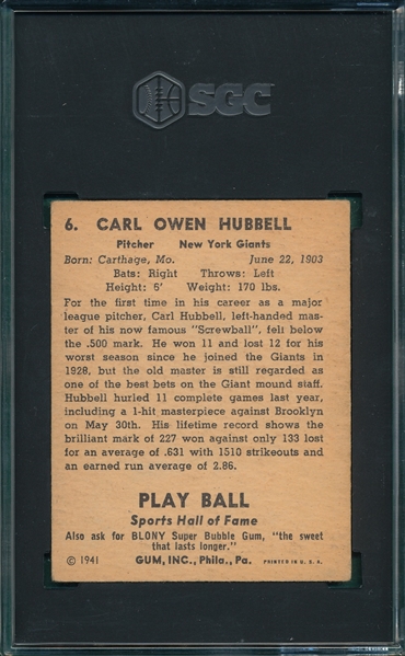 1941 Play Ball #6 Carl Hubbell SGC 3