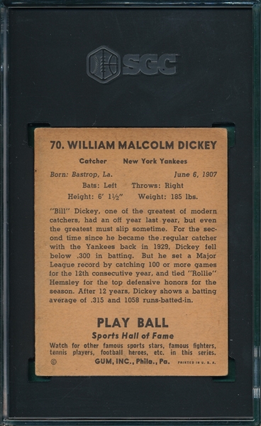1941 Play Ball #70 Bill Dickey SGC 3.5