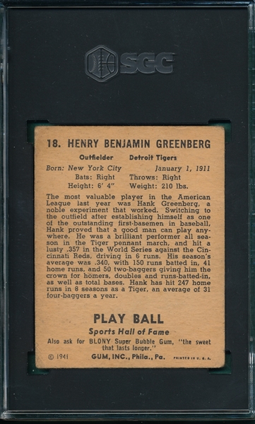 1941 Play Ball #18 Hank Greenberg SGC 2.5