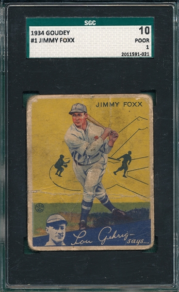 1934 Goudey #1 Jimmy Foxx SGC 10
