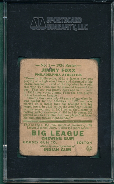 1934 Goudey #1 Jimmy Foxx SGC 10