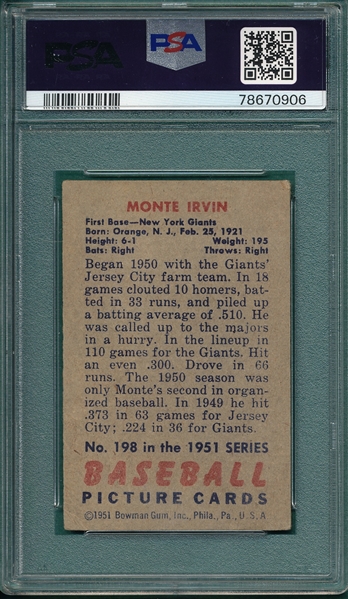 1951 Bowman #198 Monte Irvin PSA 1.5 *Rookie*