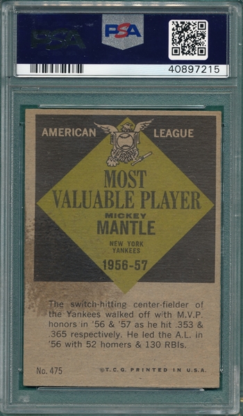 1961 Topps #475 Mickey Mantle, MVP, PSA 5