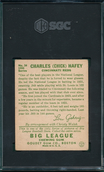 1934 Goudey #34 Chick Hafey SGC 3