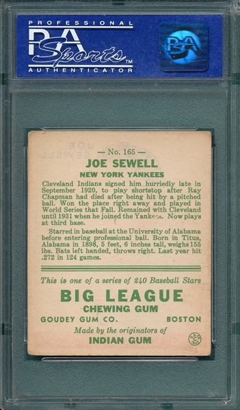 1933 Goudey #165 Joe Sewell PSA 3