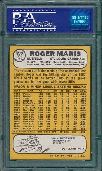 1968 Topps #330 Roger Maris PSA 8