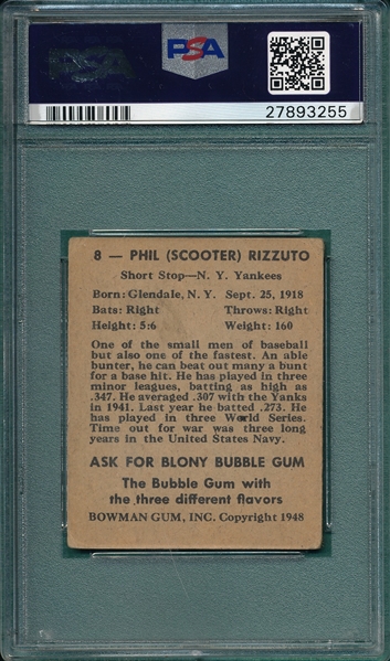 1948 Bowman #8 Phil Rizzuto PSA 3