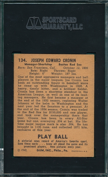 1940 Play Ball #134 Joe Cronin SGC 50