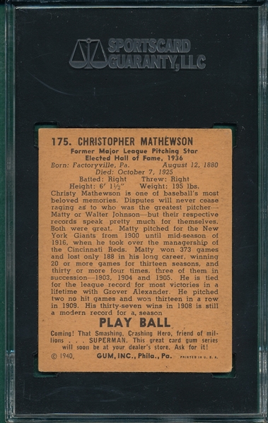 1940 Play Ball #175 Christy Mathewson SGC 50
