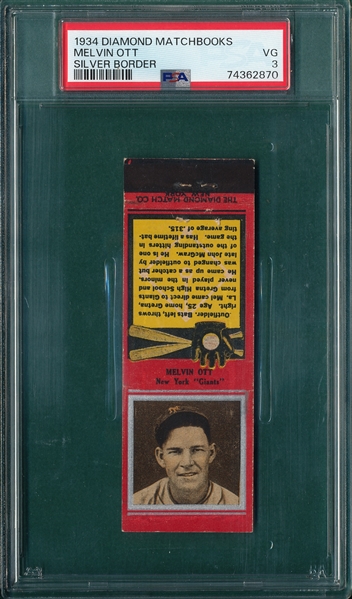 1934 Diamond Matchbooks Mel Ott, Red, PSA 3