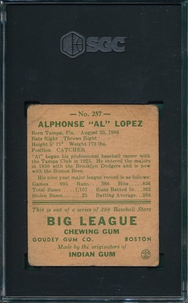 1938 Goudey Heads Up #257 Al Lopez SGC 2