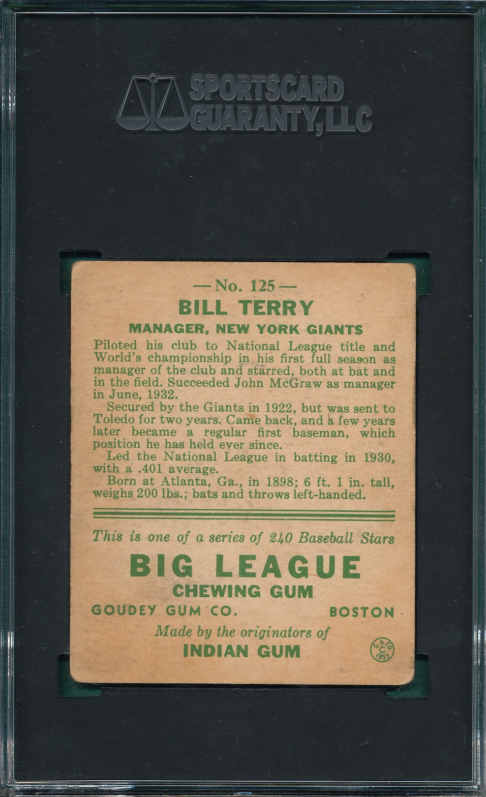 Lot Detail - 1933 Goudey #125 Bill Terry SGC 3