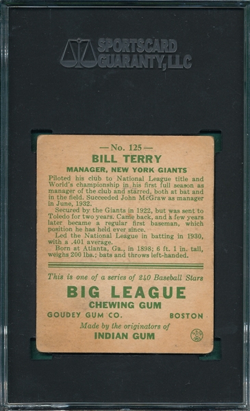 1933 Goudey #125 Bill Terry SGC 3