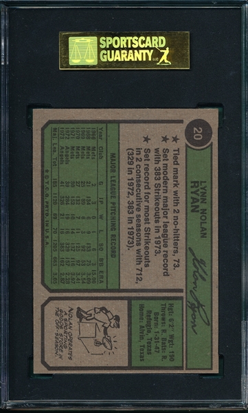 1974 Topps #20 Nolan Ryan SGC 88