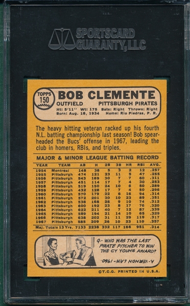 1968 Topps #150 Bob Clemente SGC 88