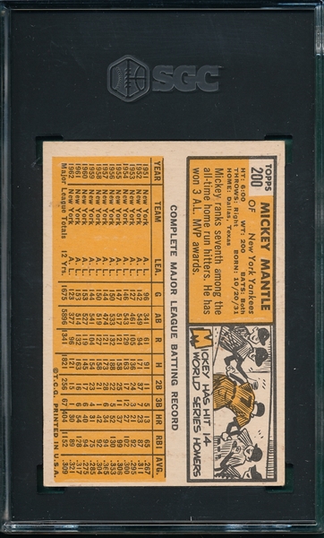 1963 Topps #200 Mickey Mantle SGC 5