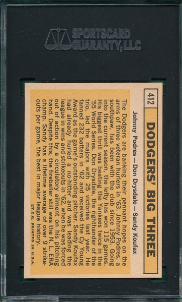1963 Topps #412 Dodgers Big Three, W/ Drysdale & Koufax, SGC 8