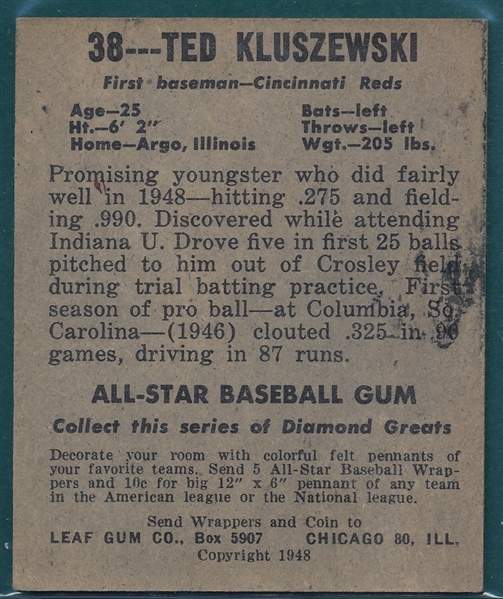 1948 Leaf #38 Ted Kluszewski *Rookie*
