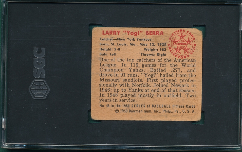 1950 Bowman #46 Yogi Berra SGC 1