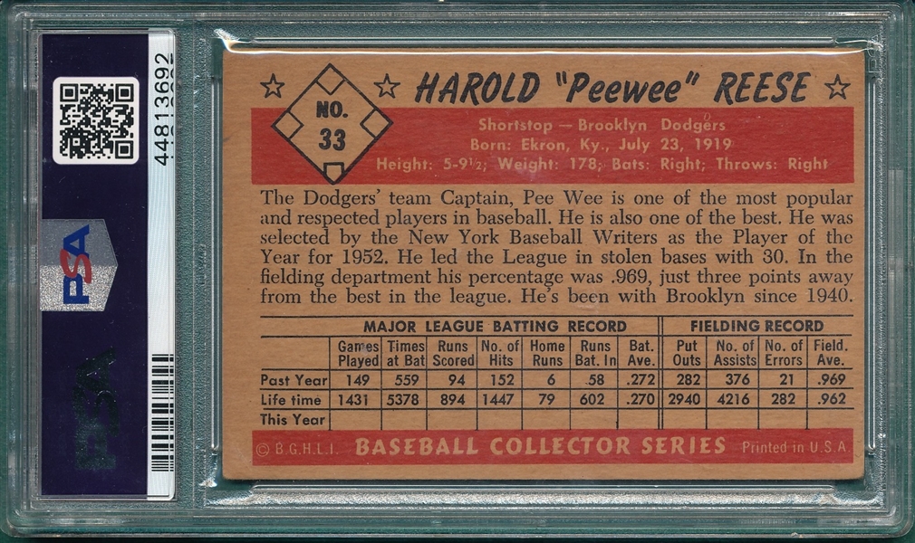 1953 Bowman Color #33 Pee Wee Reese PSA 2.5