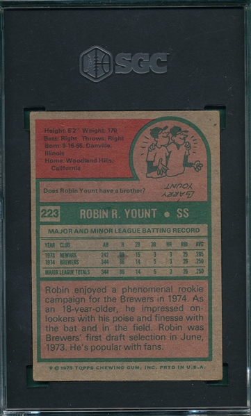 1975 Topps #223 Robin Yount SGC 3.5 *Rookie*