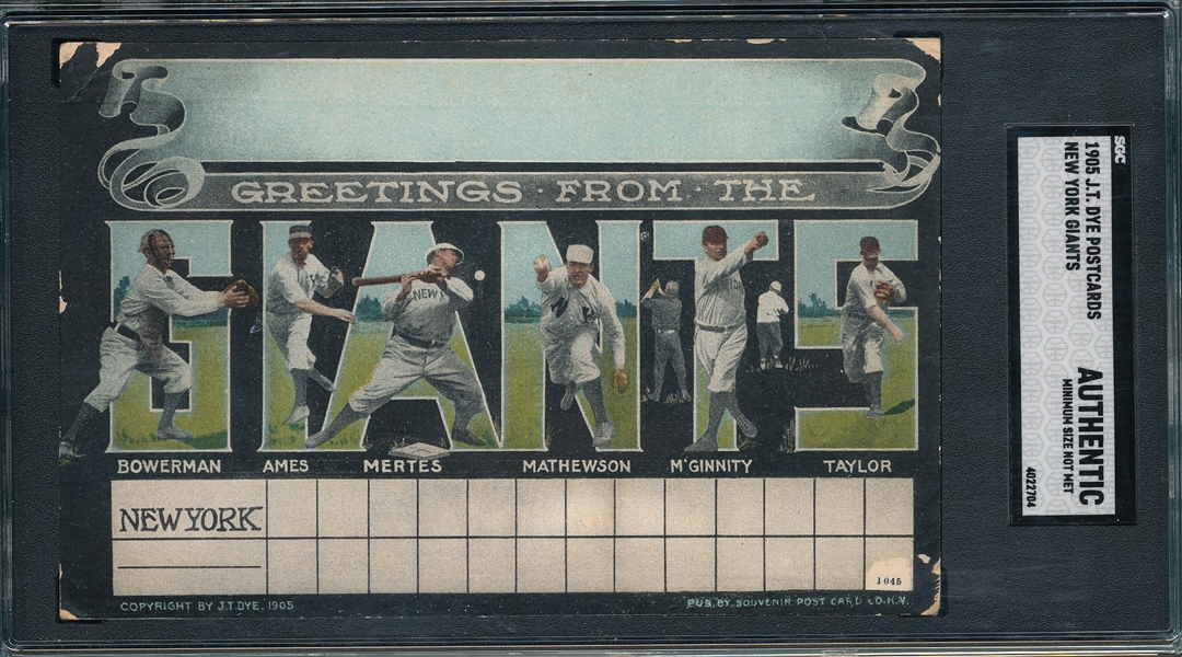 1905 J. T. Dye New York Giants Postcard W/ McGinnity & Mathewson, SGC Authentic