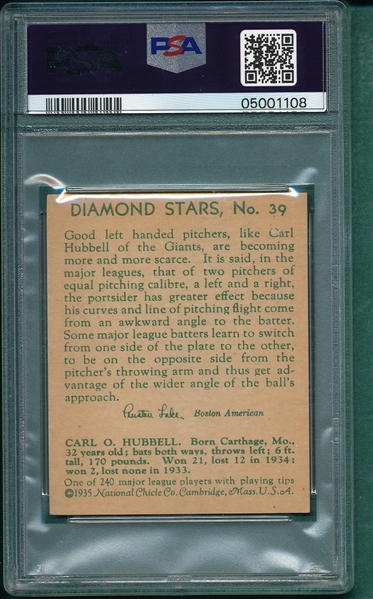 1934-36 Diamond Stars #39 Carl Hubbell PSA 8