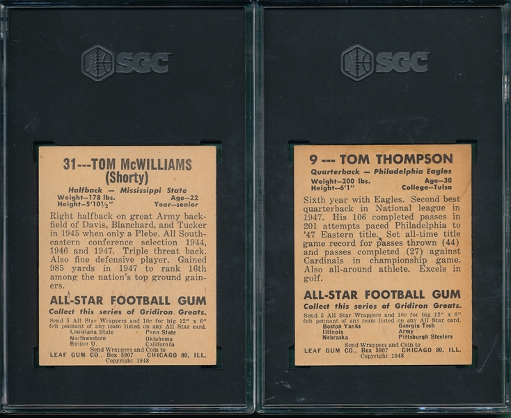1948 Leaf Football, #9 Thompson & #31 McWilliams, Lot of (2), SGC