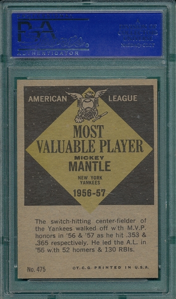 1961 Topps #475 Mickey Mantle, MVP, PSA 6