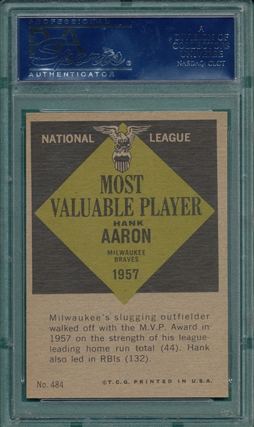 1961 Topps #484 Hank Aaron, MVP, PSA 7