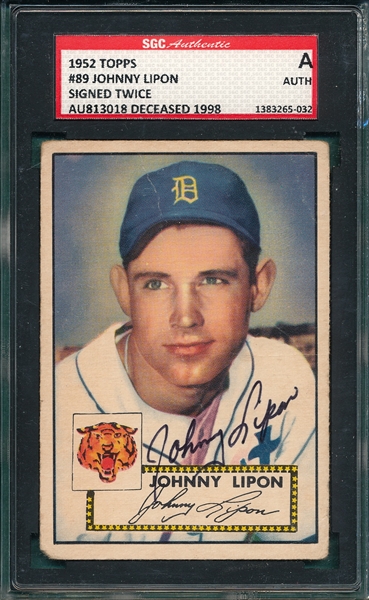 1952 Topps #89 Johnny Lipon SGC Authentic *Signed*