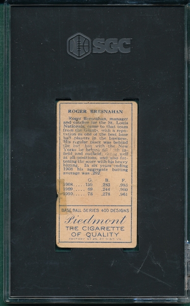 1911 T205 Bresnahan, Mouth Open, Piedmont Cigarettes SGC Authentic *SP*