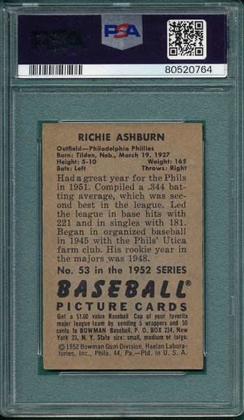 1952 Bowman #53 Richie Ashburn PSA 7