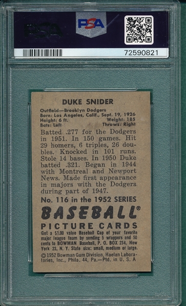 1952 Bowman #116 Duke Snider PSA 6
