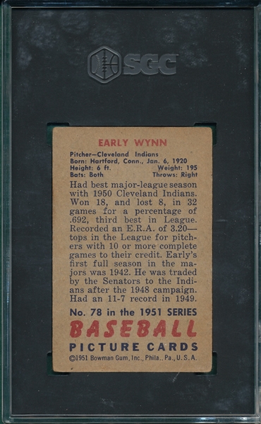 1951 Bowman #78 Early Wynn SGC 4
